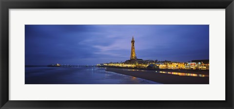 Framed Buildings lit up at dusk, Blackpool Tower, Blackpool, Lancashire, England Print