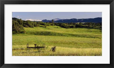 Framed Agricultural equipment in a field, Pikes Peak, Larkspur, Colorado, USA Print