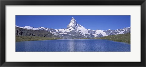 Framed Panoramic View Of A Snow Covered Mountain By A Lake, Matterhorn, Zermatt, Switzerland Print