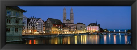 Framed Buildings at the waterfront, Grossmunster Cathedral, Zurich, Switzerland Print