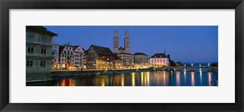 Framed Buildings at the waterfront, Grossmunster Cathedral, Zurich, Switzerland Print