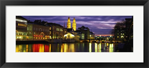 Framed Reflection of night lights in River Limmat Zurich Switzerland Print