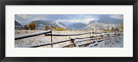 Framed Wooden fence covered with snow at the countryside, Colorado, USA Print