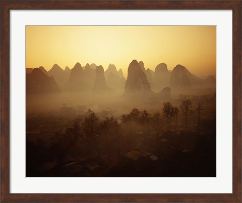 Framed Sunrise in Mountains Guilin China Print