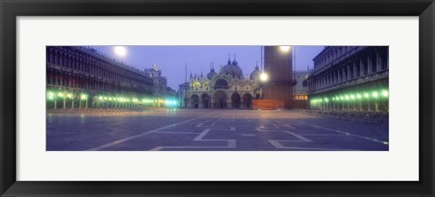 Framed Street lights lit up in front of a cathedral at sunrise, St. Mark&#39;s Cathedral, St. Mark&#39;s Square, Venice, Veneto, Italy Print