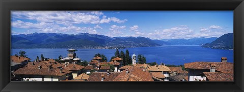 Framed High angle view of buildings near a lake, Lake Maggiore, Vedasco, Italy Print