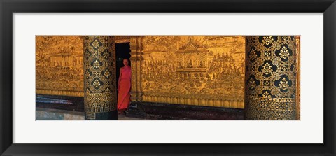 Framed Monk in prayer hall at Wat Mai Buddhist Monastery, Luang Prabang, Laos Print