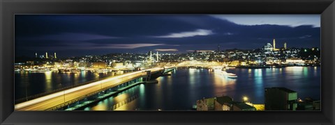 Framed High angle view of a bridge lit up at night, Istanbul, Turkey Print