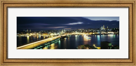 Framed High angle view of a bridge lit up at night, Istanbul, Turkey Print
