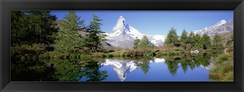 Framed Reflection of trees and mountain in a lake, Matterhorn, Switzerland Print