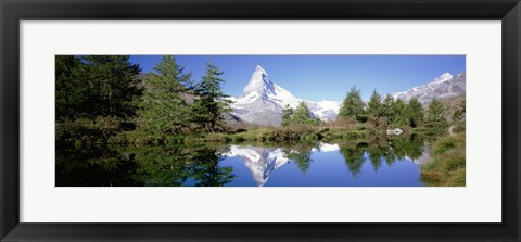 Framed Reflection of trees and mountain in a lake, Matterhorn, Switzerland Print