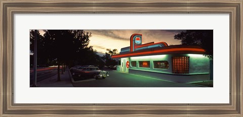 Framed Restaurant lit up at dusk, Route 66, Albuquerque, Bernalillo County, New Mexico, USA Print