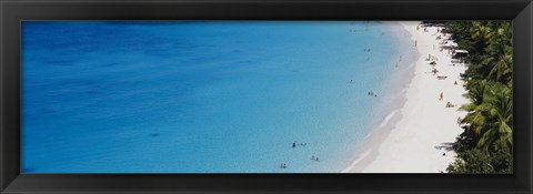 Framed Aerial View Of Tourists On The Beach, Trunk Bay, St. John, US Virgin Islands, West Indies Print