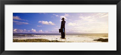 Framed Businessman Standing On A Ladder And Looking Through Binoculars, California, USA Print