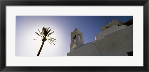 Framed Low angle view of a palm tree near a church , Ios, Cyclades Islands, Greece Print