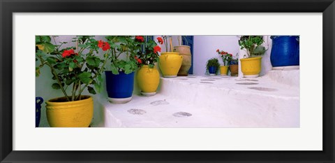 Framed Potted plants on steps, Mykonos, Cyclades Islands, Greece Print