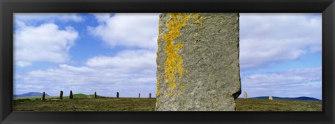 Framed Yellow markings on a pillar in the Ring Of Brodgar, Orkney Islands, Scotland, United Kingdom Print