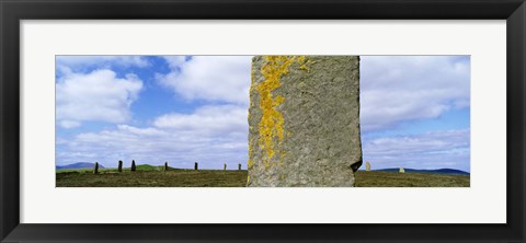 Framed Yellow markings on a pillar in the Ring Of Brodgar, Orkney Islands, Scotland, United Kingdom Print