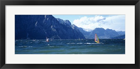 Framed Windsurfing on a lake, Lake Garda, Italy Print