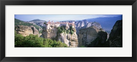 Framed Monastery on the top of a cliff, Roussanou Monastery, Meteora, Thessaly, Greece Print