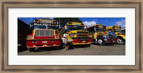 Framed Buses Parked In A Row At A Bus Station, Antigua, Guatemala Print