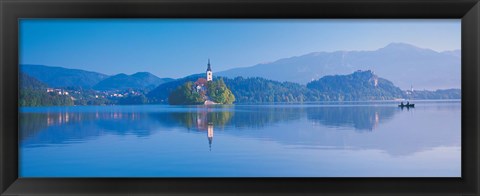 Framed Reflection of mountains and buildings in water, Lake Bled, Slovenia Print