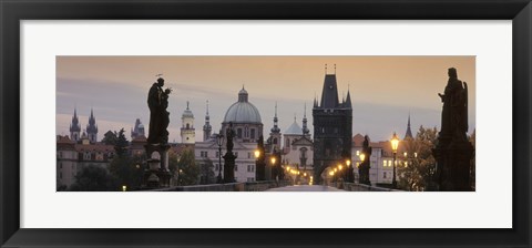 Framed Lit Up Bridge At Dusk, Charles Bridge, Prague, Czech Republic Print