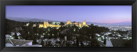 Framed High angle view of a castle lit up at dusk, Alhambra, Granada, Andalusia, Spain Print