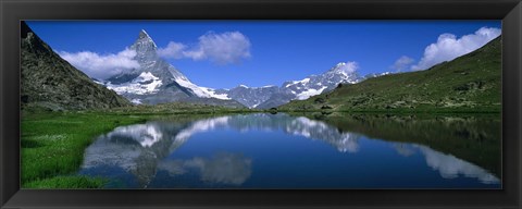 Framed Reflection of mountains in water, Riffelsee, Matterhorn, Switzerland Print