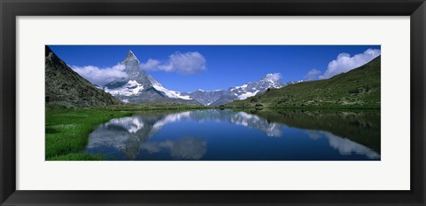 Framed Reflection of mountains in water, Riffelsee, Matterhorn, Switzerland Print