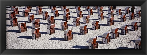 Framed High Angle View Of Beach Baskets On The Beach, Sellin, Isle Of Ruegen, Germany Print