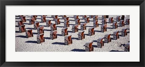 Framed High Angle View Of Beach Baskets On The Beach, Sellin, Isle Of Ruegen, Germany Print