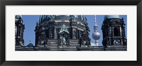 Framed Low angle view of a church, Berliner Dom, with Television Tower (Fernsehturm) in distance, Berlin, Germany Print