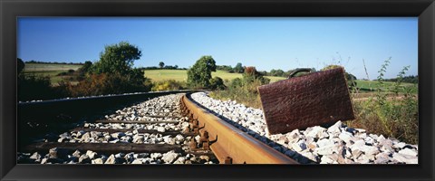 Framed Close-up of a suitcase on a railroad track, Germany Print