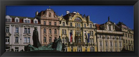 Framed Statue in front of buildings, Jan Hus Monument, Prague Old Town Square, Old Town, Prague, Czech Republic Print