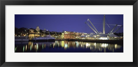 Framed Reflection of buildings in water, The Bigo, Porto Antico, Genoa, Italy Print