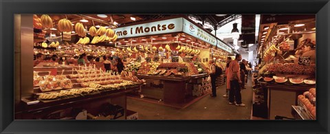 Framed Group of people in a vegetable market, La Boqueria Market, Barcelona, Catalonia, Spain Print