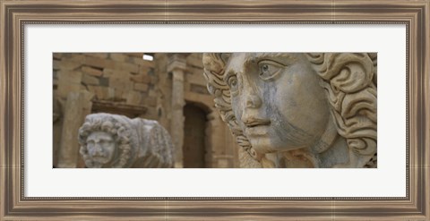 Framed Close-up of statues in an old ruined building, Leptis Magna, Libya Print