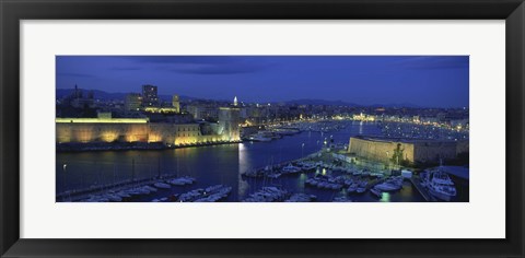 Framed Old Port at dusk, Marseille, Bouches-Du-Rhone, Provence-Alpes-Cote Daze, France Print