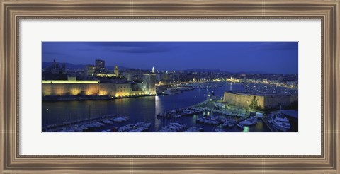 Framed Old Port at dusk, Marseille, Bouches-Du-Rhone, Provence-Alpes-Cote Daze, France Print