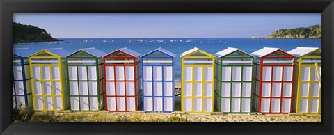 Framed Beach huts in a row on the beach, Catalonia, Spain Print