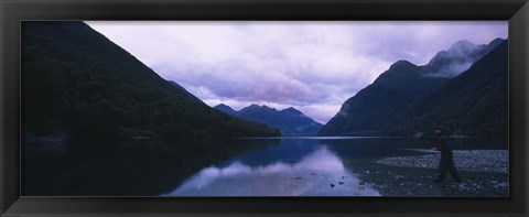 Framed Mountains overlooking a lake, Fiordlands National Park, Southland, South Island, New Zealand Print