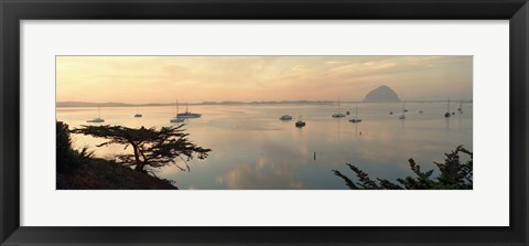 Framed Boats in a bay with Morro Rock in the distance, Morro Bay, San Luis Obispo, California, USA Print