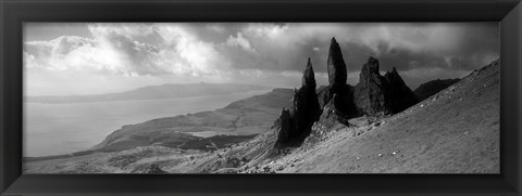 Framed Rock formations on hill in black and white, Isle of Skye, Scotland Print