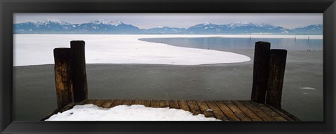 Framed Frozen lake in front of snowcapped mountains, Chiemsee, Bavaria, Germany Print