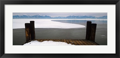 Framed Frozen lake in front of snowcapped mountains, Chiemsee, Bavaria, Germany Print