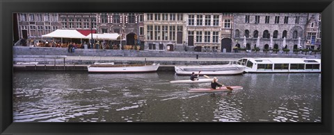 Framed High angle view of two people kayaking in the river, Leie River, Graslei, Ghent, Belgium Print