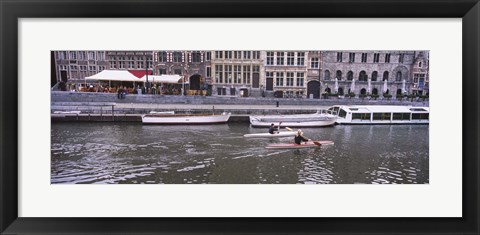 Framed High angle view of two people kayaking in the river, Leie River, Graslei, Ghent, Belgium Print