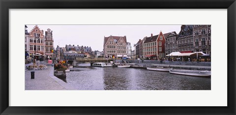 Framed Tour boats docked at a harbor, Leie River, Graslei, Ghent, Belgium Print