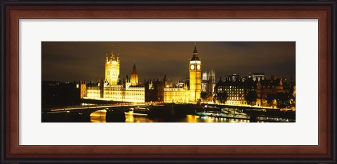 Framed Buildings lit up at night, Westminster Bridge, Big Ben, Houses Of Parliament, Westminster, London, England Print